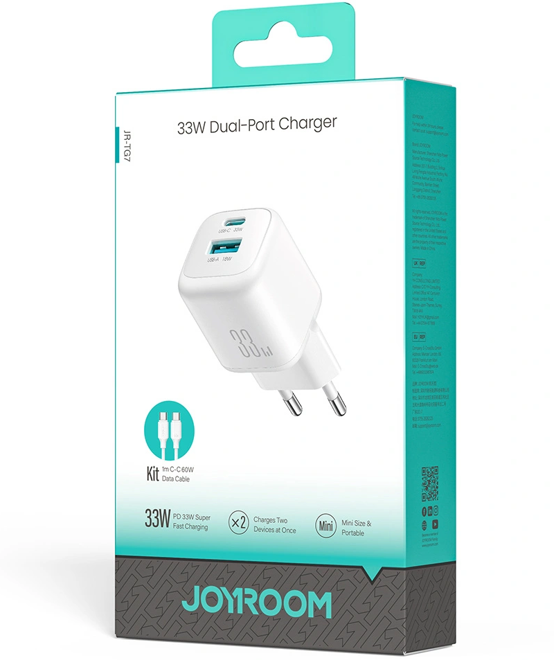 Punjač za mrežu s USB-C kabelom Joyroom JR-TG7, 33W, 3A, 1 x USB-A - 1 x USB-C, Bijela