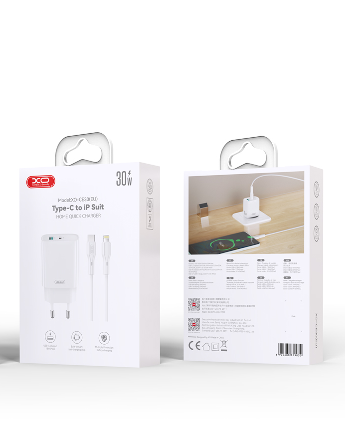 Punjač za mrežu s Lightning kabelom XO Design CE30, 30W, 3A, 1 x USB-A - 1 x USB-C, Bijeli