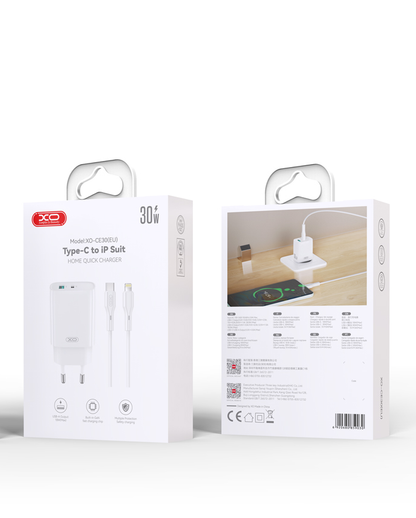 Punjač za mrežu s Lightning kabelom XO Design CE30, 30W, 3A, 1 x USB-A - 1 x USB-C, Bijeli