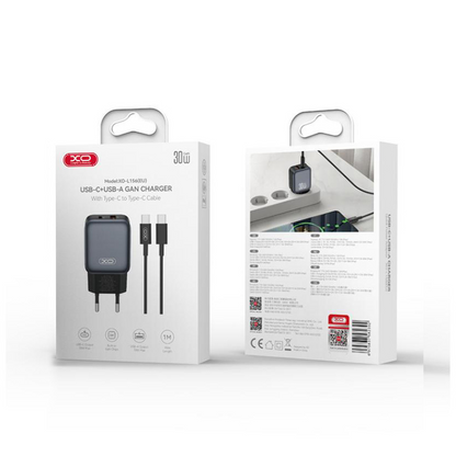 Punjač za mrežu s USB-C kabelom XO Design L156, 30W, 3A, 1 x USB-A - 1 x USB-C, Crni