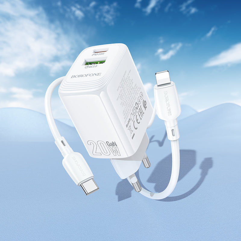 Punjač mreže s Lightning kabelom Borofone BN27 Fuente, 20W, 3A, 1 x USB-A - 1 x USB-C, Bijeli