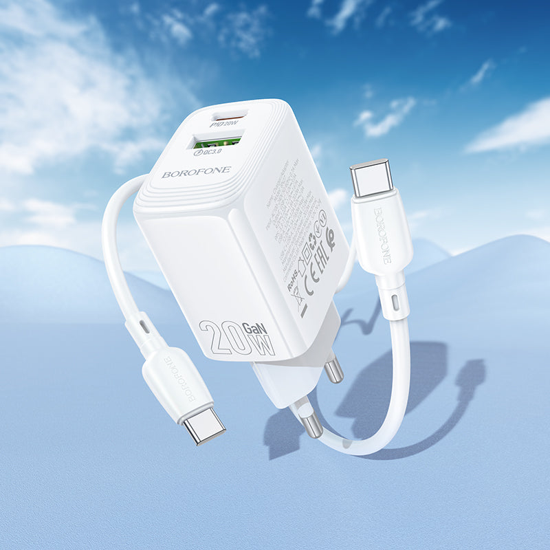 Mrežni punjač s USB-C kabelom Borofone BN27 Fuente, 20W, 3A, 1 x USB-A - 1 x USB-C, Bijeli