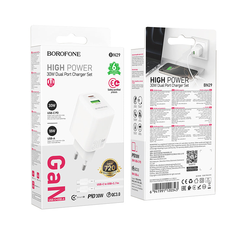 Punjač za mrežu s USB-C kabelom Borofone BN29 Fuente, 30W, 3A, 1 x USB-A - 1 x USB-C, Bijeli