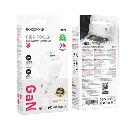 Punjač za mrežu s USB-C kabelom Borofone BN29 Fuente, 30W, 3A, 1 x USB-A - 1 x USB-C, Bijeli