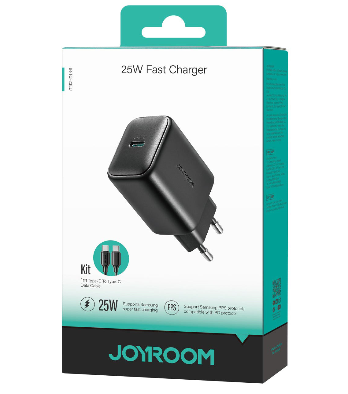 Punjač za mrežu s USB-C kabelom Joyroom JR-TCF23, 25W, 3A, 1 x USB-C, Crni