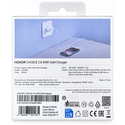 Punjač za mrežu s USB-C kabelom Honor Choice CP045E, 45W, 3A, 1 x USB-C, Bijela 5504ALHP