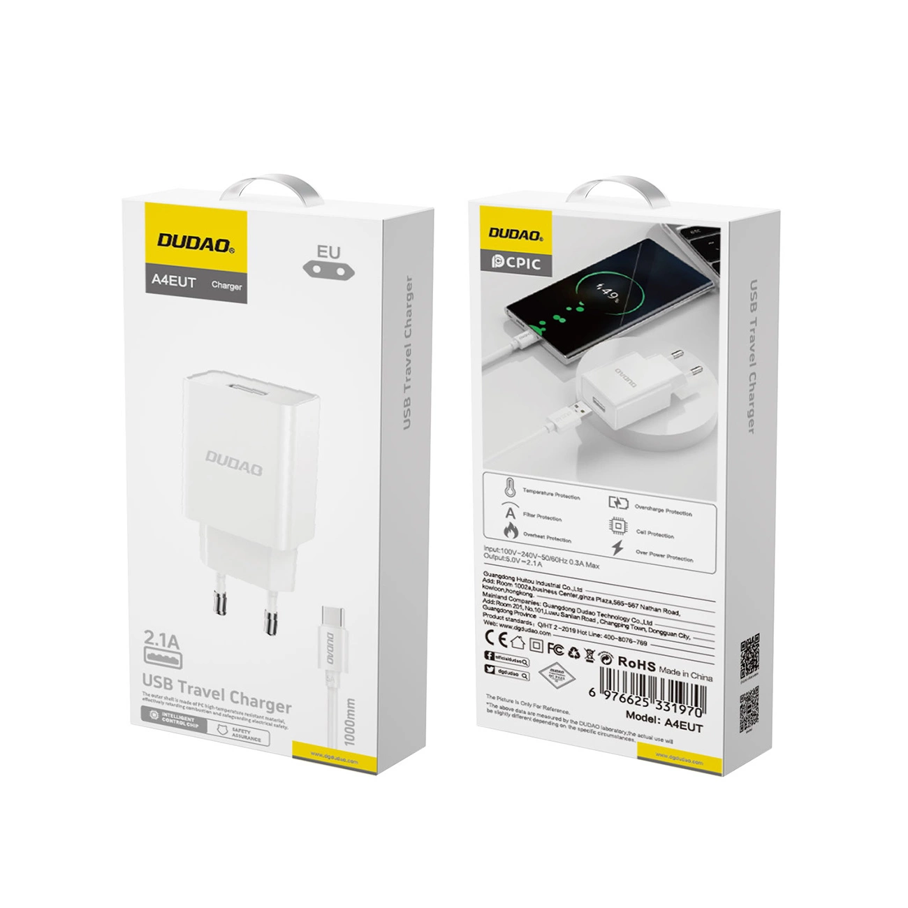 Punjač za mrežu s USB-C kabelom Dudao A4EU, 10W, 2.1A, 1 x USB-A, Bijeli