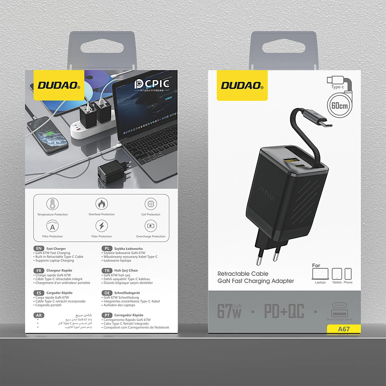 Punjač za mrežu s USB-C kabelom Dudao A67EU, 67W, 3.35A, 1 x USB-A - 1 x USB-C, Crni