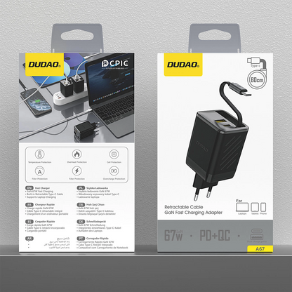 Punjač za mrežu s USB-C kabelom Dudao A67EU, 67W, 3.35A, 1 x USB-A - 1 x USB-C, Crni