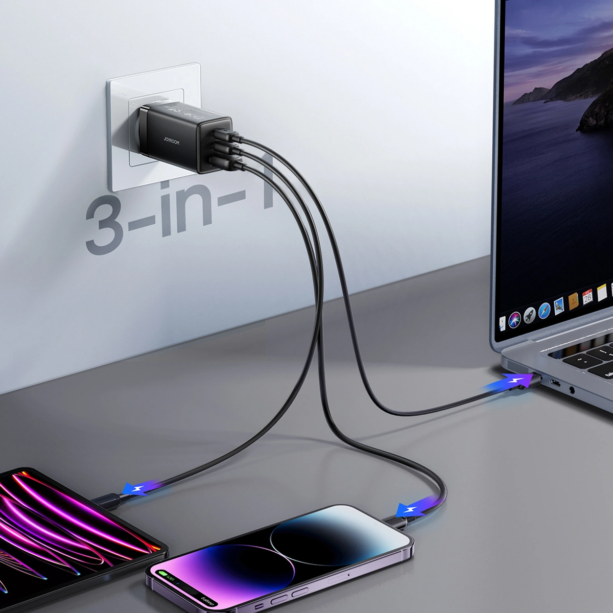 Punjač za mrežu s USB-C kabelom Joyroom JR-TG10, 65W, 3.25A, 1 x USB-A - 2 x USB-C, Crna