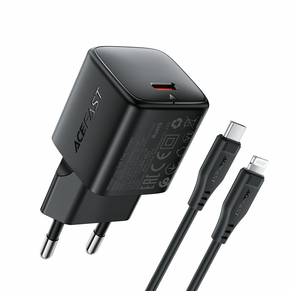 Mrežni punjač s Lightning kabelom Acefast A118, 30W, 3A, 1 x USB-C, Crni