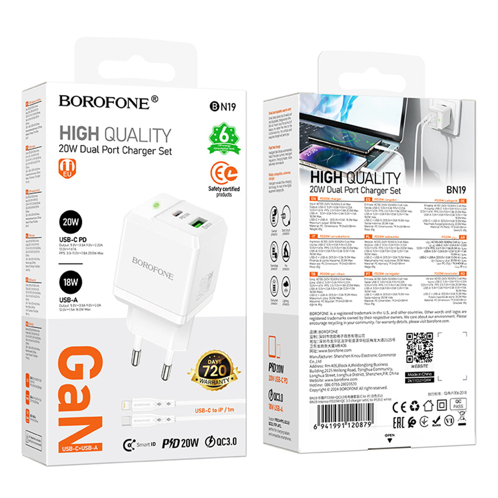 Mrežni punjač s Lightning kabelom Borofone BN19 Intenso, 20W, 3A, 1 x USB-A - 1 x USB-C, Bijeli