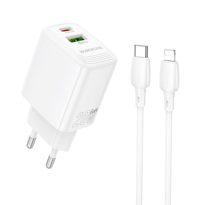 Punjač mreže s Lightning kabelom Borofone BN27 Fuente, 20W, 3A, 1 x USB-A - 1 x USB-C, Bijeli