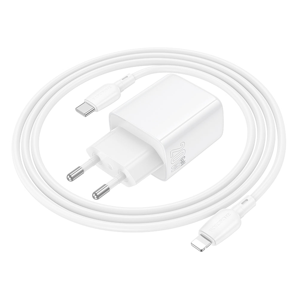 Punjač mreže s Lightning kabelom Borofone BN27 Fuente, 20W, 3A, 1 x USB-A - 1 x USB-C, Bijeli