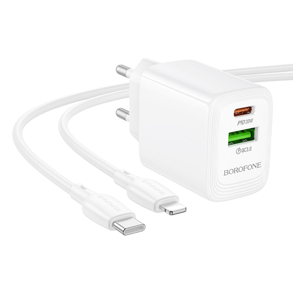 Punjač mreže s Lightning kabelom Borofone BN27 Fuente, 20W, 3A, 1 x USB-A - 1 x USB-C, Bijeli