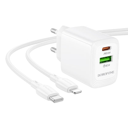 Punjač mreže s Lightning kabelom Borofone BN27 Fuente, 20W, 3A, 1 x USB-A - 1 x USB-C, Bijeli