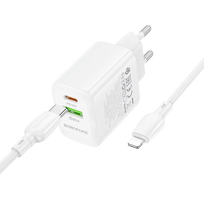 Punjač mreže s Lightning kabelom Borofone BN27 Fuente, 20W, 3A, 1 x USB-A - 1 x USB-C, Bijeli