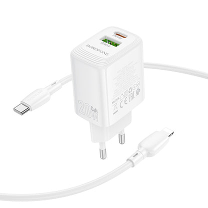 Punjač mreže s Lightning kabelom Borofone BN27 Fuente, 20W, 3A, 1 x USB-A - 1 x USB-C, Bijeli