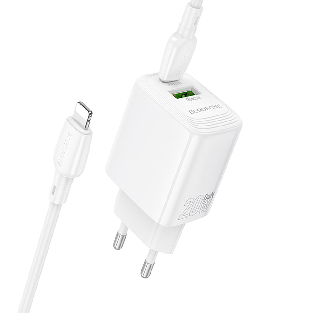 Punjač mreže s Lightning kabelom Borofone BN27 Fuente, 20W, 3A, 1 x USB-A - 1 x USB-C, Bijeli