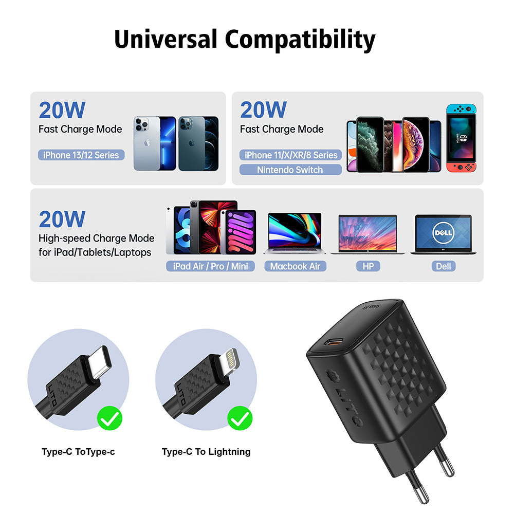 Punjač mreže s Lightning kabelom Lito LC13L, 20W, 3A, 1 x USB-C, Crni