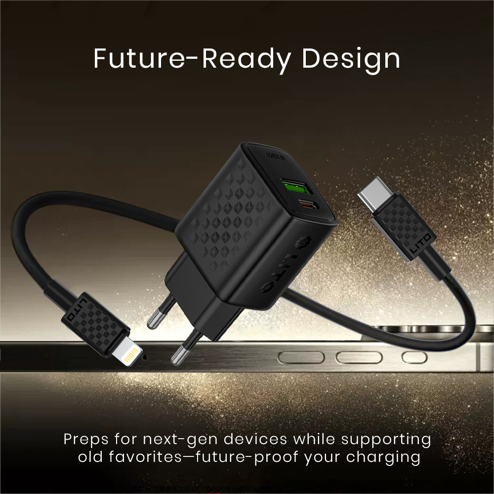 Punjač mreže s Lightning kabelom Lito LC15L, 20W, 3A, 1 x USB-A - 1 x USB-C, Crni