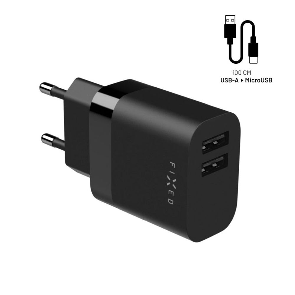 Punjač mreže s microUSB kabelom Fixed, 17W, 3A, 2 x USB-A, Crni