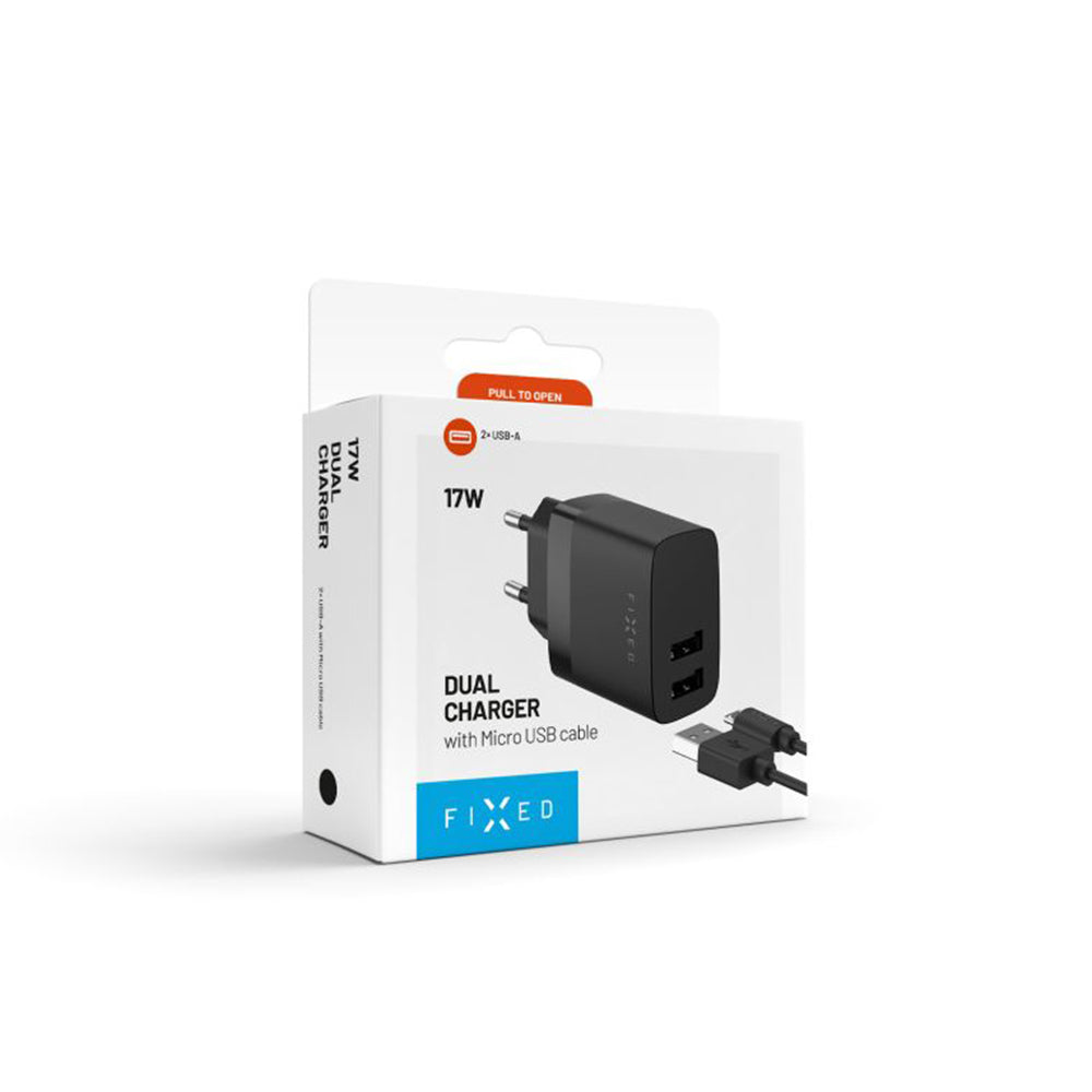 Punjač mreže s microUSB kabelom Fixed, 17W, 3A, 2 x USB-A, Crni