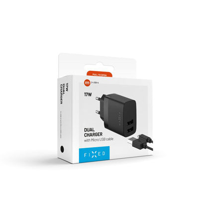 Punjač mreže s microUSB kabelom Fixed, 17W, 3A, 2 x USB-A, Crni