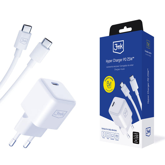 Punjač mreže s USB-C kabelom 3MK Hyper, 25W, 3A, 1 x USB-C, Bijeli