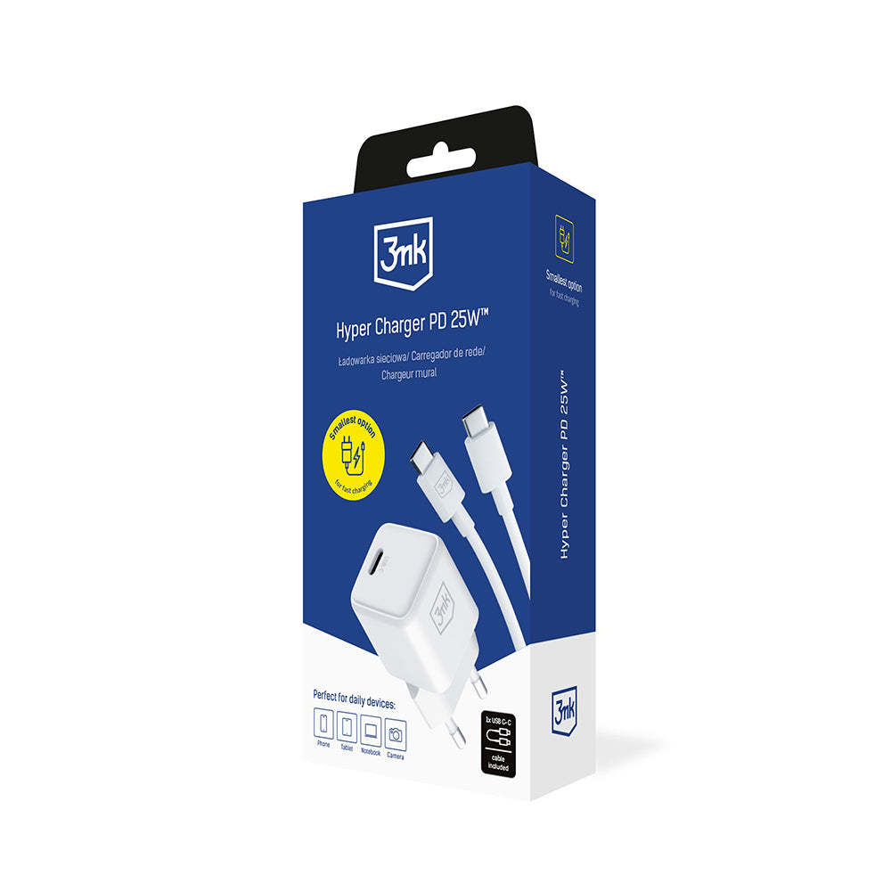Punjač mreže s USB-C kabelom 3MK Hyper, 25W, 3A, 1 x USB-C, Bijeli