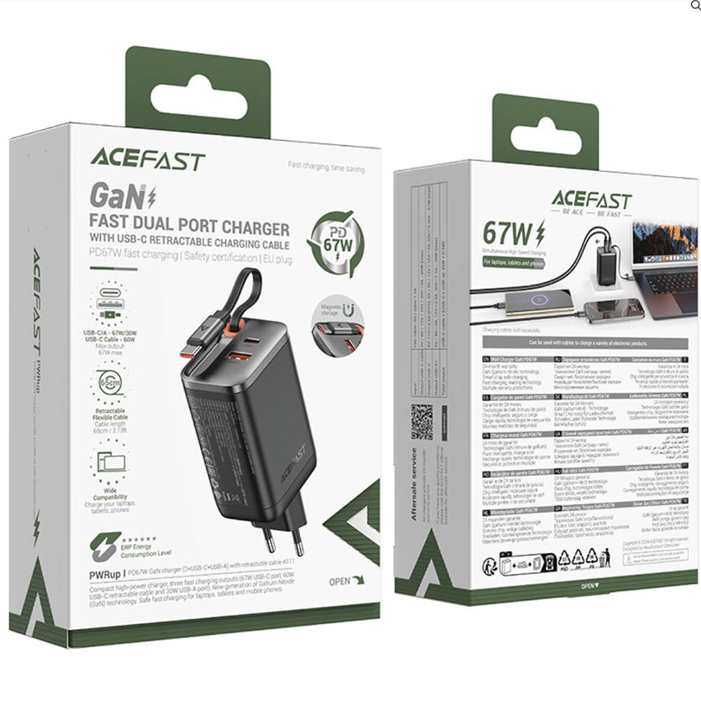 Mrežni punjač s USB-C kabelom Acefast A111, 67W, 3A, 1 x USB-A - 1 x USB-C, Crni