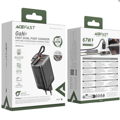 Mrežni punjač s USB-C kabelom Acefast A111, 67W, 3A, 1 x USB-A - 1 x USB-C, Crni
