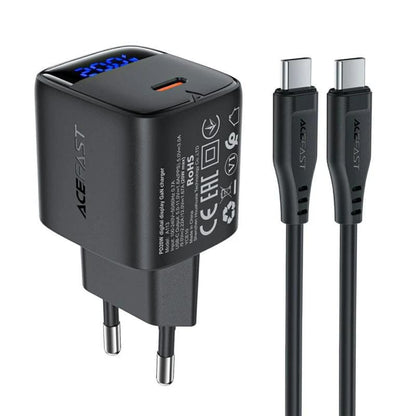 Punjač mreže s USB-C kabelom Acefast A113 Display, 20W, 3A, 1 x USB-C, Crni