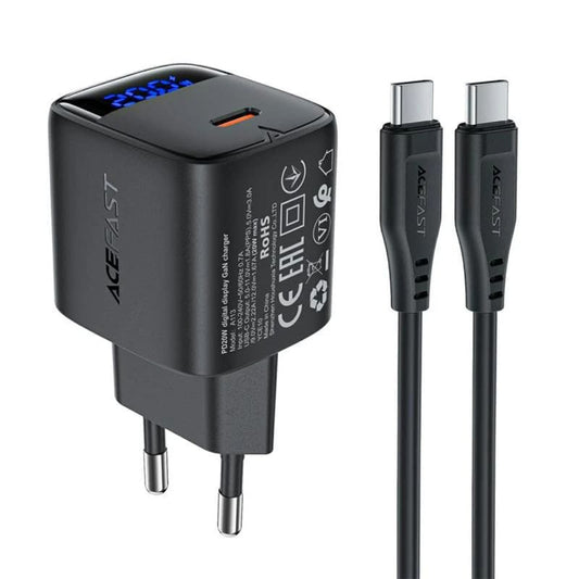 Punjač mreže s USB-C kabelom Acefast A113 Display, 20W, 3A, 1 x USB-C, Crni