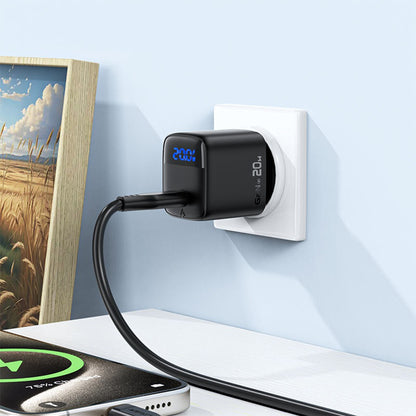 Punjač mreže s USB-C kabelom Acefast A113 Display, 20W, 3A, 1 x USB-C, Crni