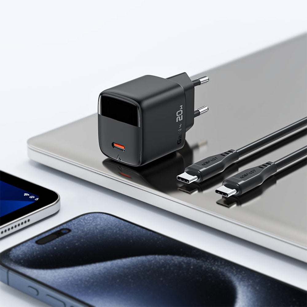 Punjač mreže s USB-C kabelom Acefast A113 Display, 20W, 3A, 1 x USB-C, Crni
