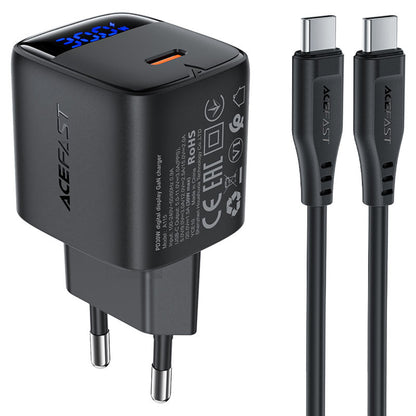 Mrežni punjač s USB-C kabelom Acefast A115 Display, 30W, 3A, 1 x USB-C, Crni