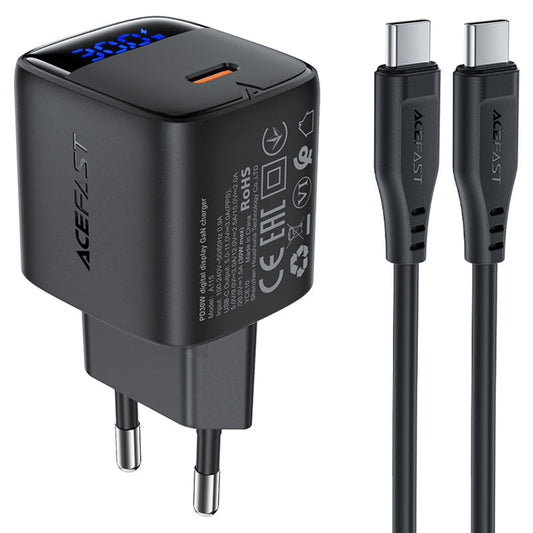 Mrežni punjač s USB-C kabelom Acefast A115 Display, 30W, 3A, 1 x USB-C, Crni