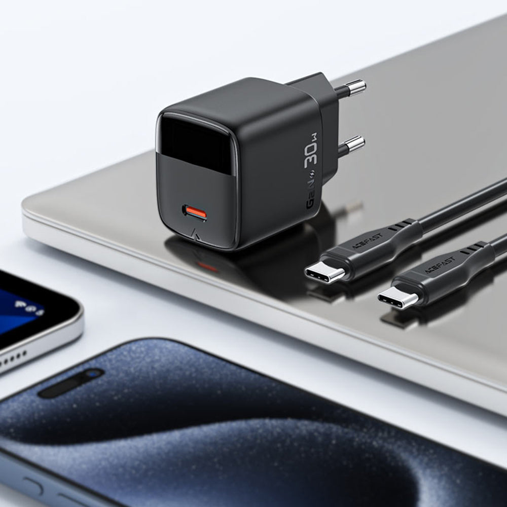 Mrežni punjač s USB-C kabelom Acefast A115 Display, 30W, 3A, 1 x USB-C, Crni