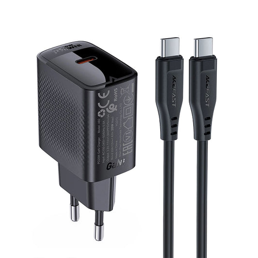 Mrežni punjač s USB-C kabelom Acefast A82, 20W, 3A, 1 x USB-C, Crni