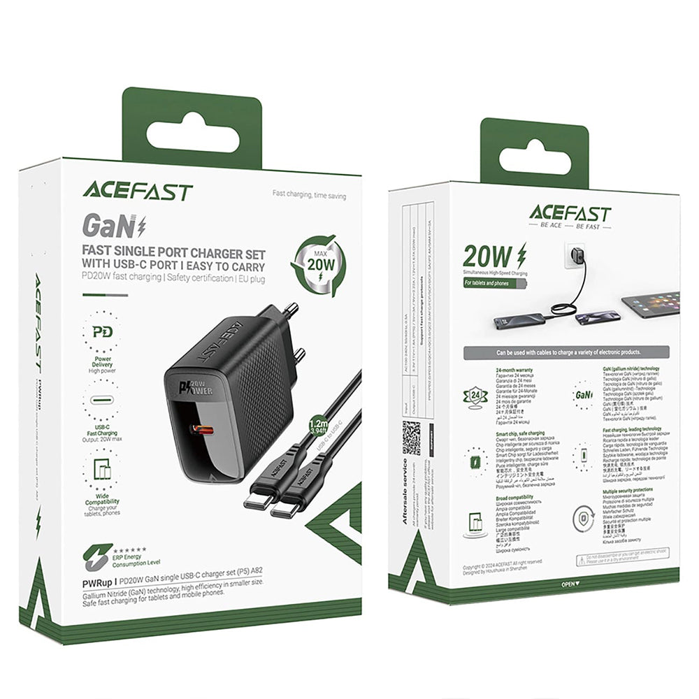 Mrežni punjač s USB-C kabelom Acefast A82, 20W, 3A, 1 x USB-C, Crni