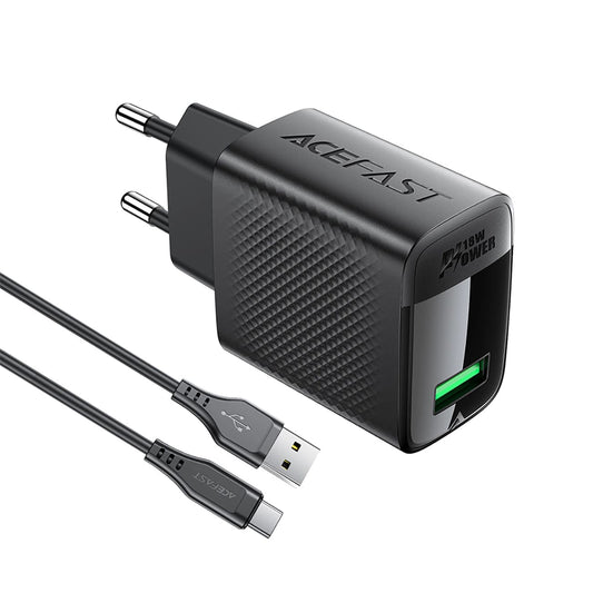 Mrežni punjač s USB-C kabelom Acefast A90, 18W, 3A, 1 x USB-A, Crni