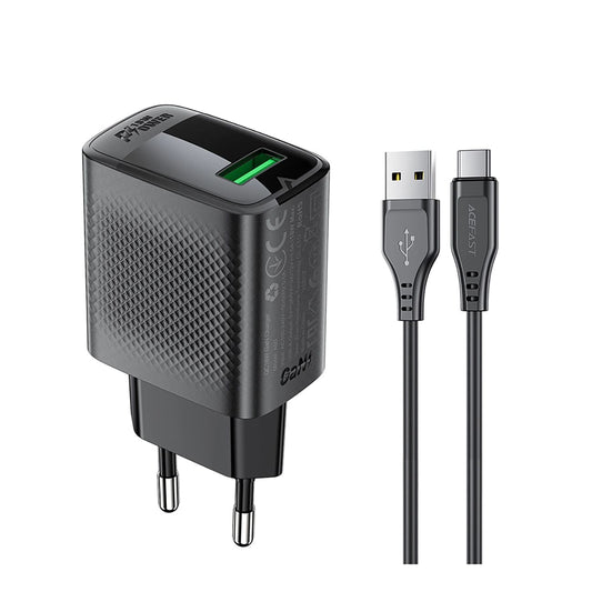 Mrežni punjač s USB-C kabelom Acefast A90, 18W, 3A, 1 x USB-A, Crni