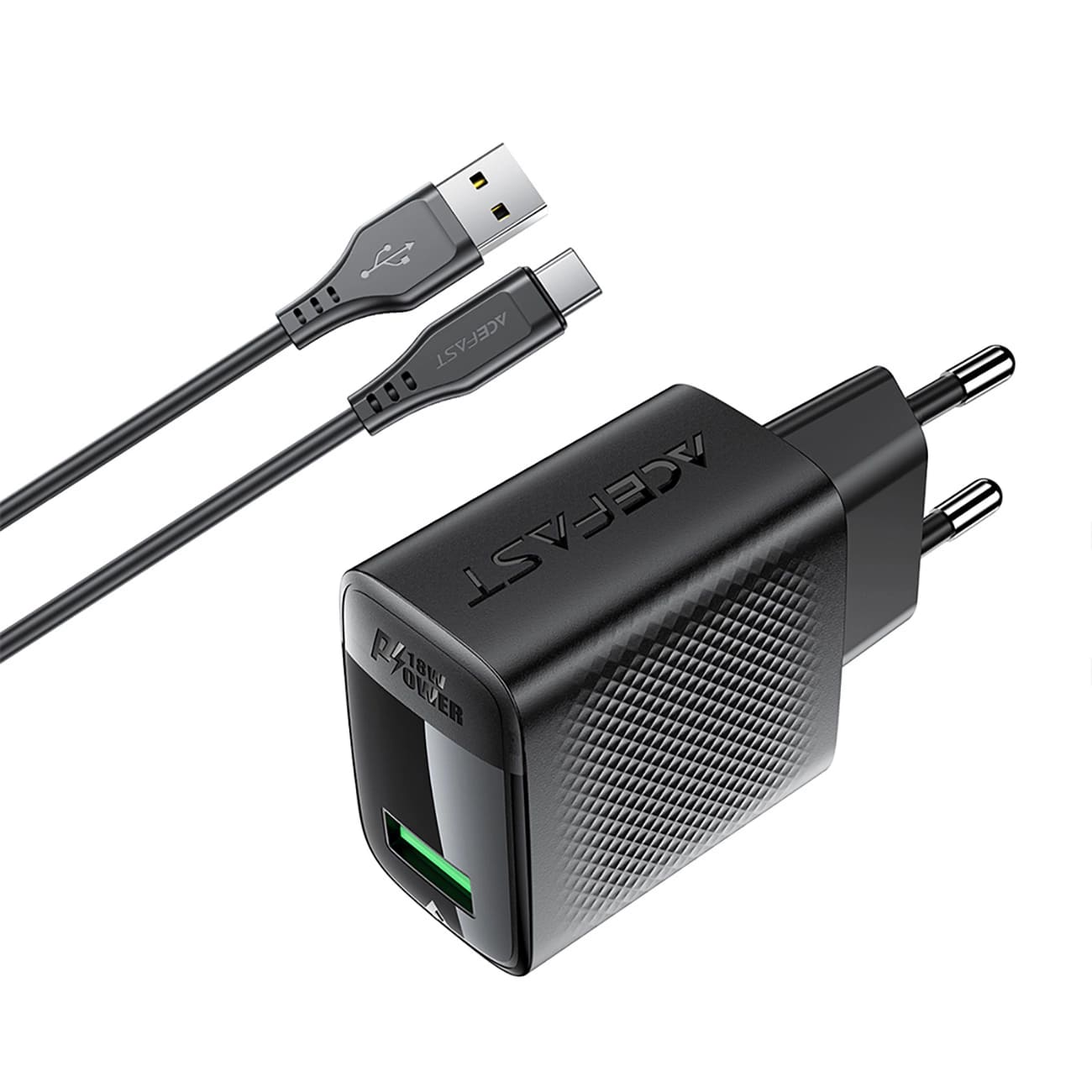 Mrežni punjač s USB-C kabelom Acefast A90, 18W, 3A, 1 x USB-A, Crni
