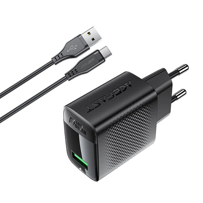 Mrežni punjač s USB-C kabelom Acefast A90, 18W, 3A, 1 x USB-A, Crni