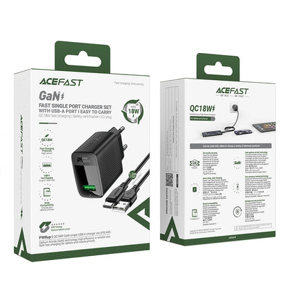 Mrežni punjač s USB-C kabelom Acefast A90, 18W, 3A, 1 x USB-A, Crni