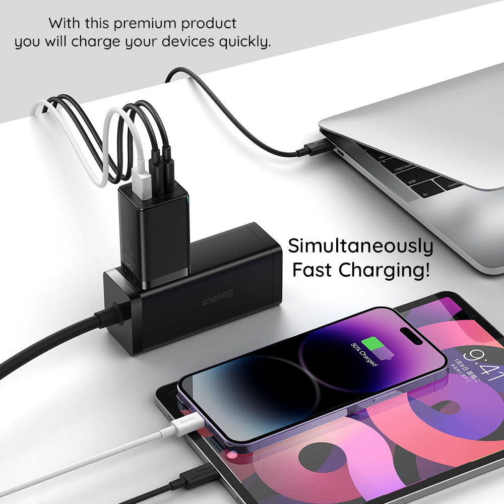 Mrežni punjač s USB-C kabelom Baseus GaN5 Pro, 65W, 3.25A, 1 x USB-A - 2 x USB-C, Crni C0206500
