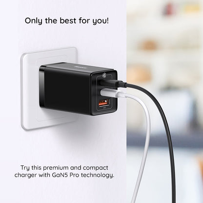 Mrežni punjač s USB-C kabelom Baseus GaN5 Pro, 65W, 3.25A, 1 x USB-A - 2 x USB-C, Crni C0206500