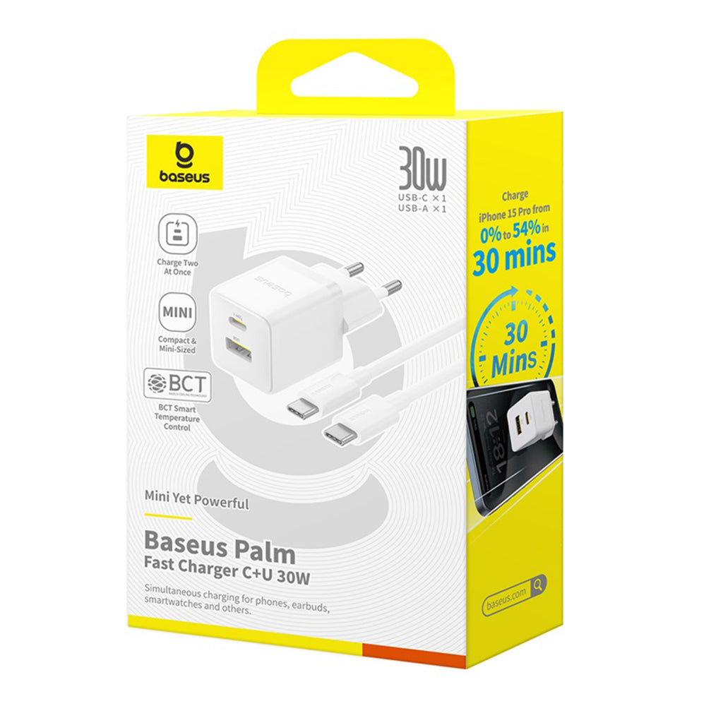 Mrežni punjač s USB-C kabelom Baseus Palm, 30W, 3A, 1 x USB-A - 1 x USB-C, Bijeli P1011160A213-01