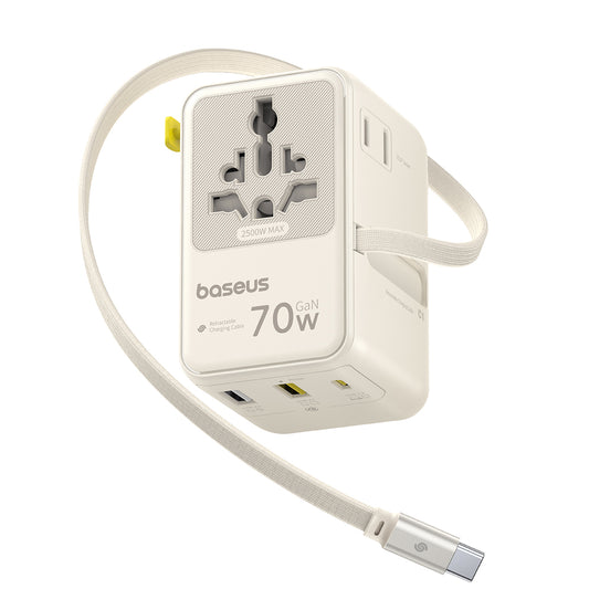 Punjač za mrežu s USB-C kabelom Baseus Travel EnerCore CG11, 70W, 2 x utičnica - 1 x USB-C - 2 x USB-A, bijeli E0307E01